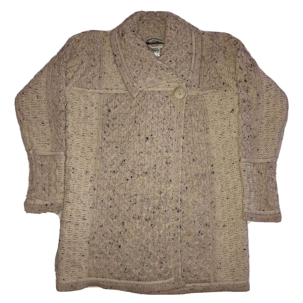 Aran Craft Merino Wool Long Cardigan Sweater Medium Button Collar Oatmeal Irish